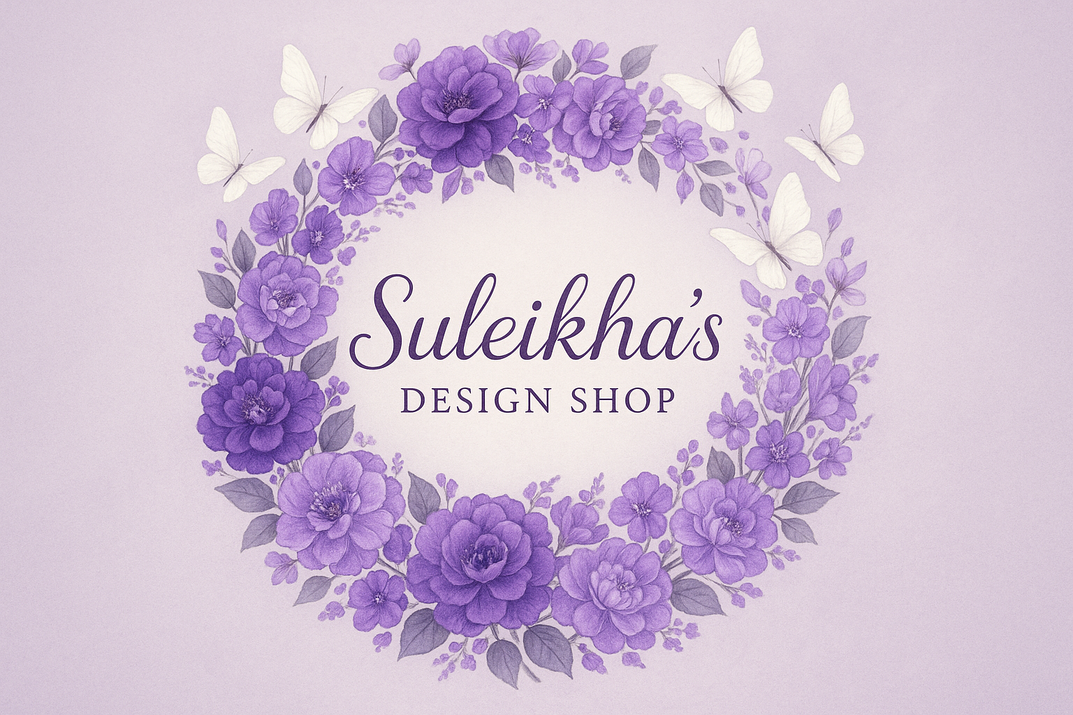 a flower shaped into a circle with butterflies swarming and it says "suleikha's design shop" purple shades and white butterflies