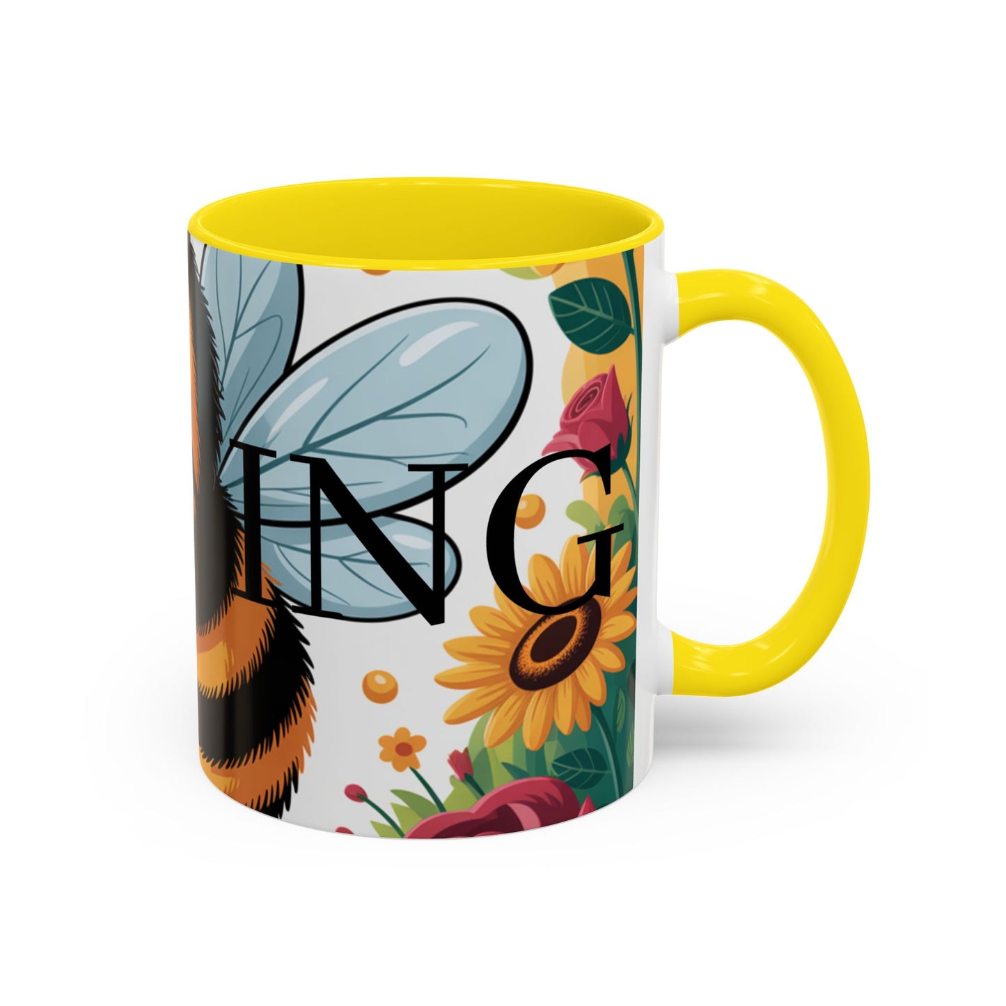 Bee-Theme Accent Coffee Mug, Floral Mug for Bee Lovers, Cute Gift for Nature Enthusiasts, Gardening Gift, Birthday Mug